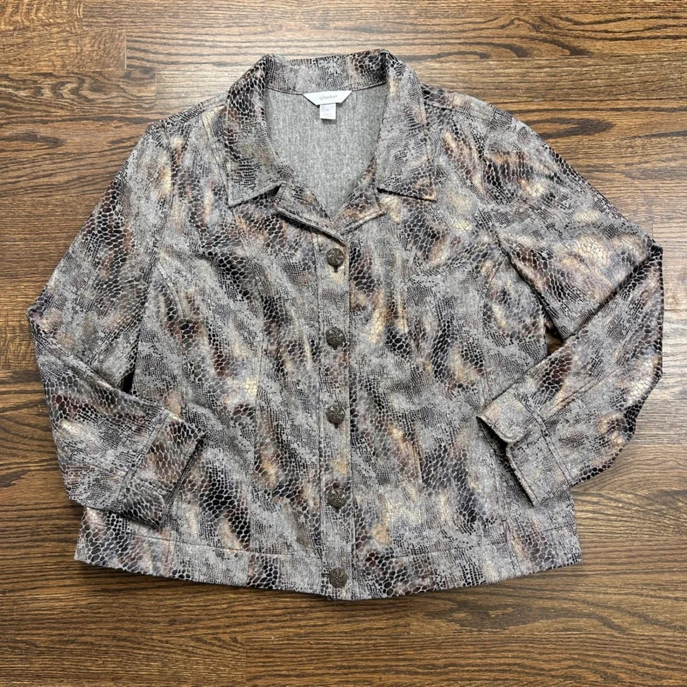 CJ Banks Jacket Womens 2X Snakeskin Print Metallic Button Front Grey Gold Pocket